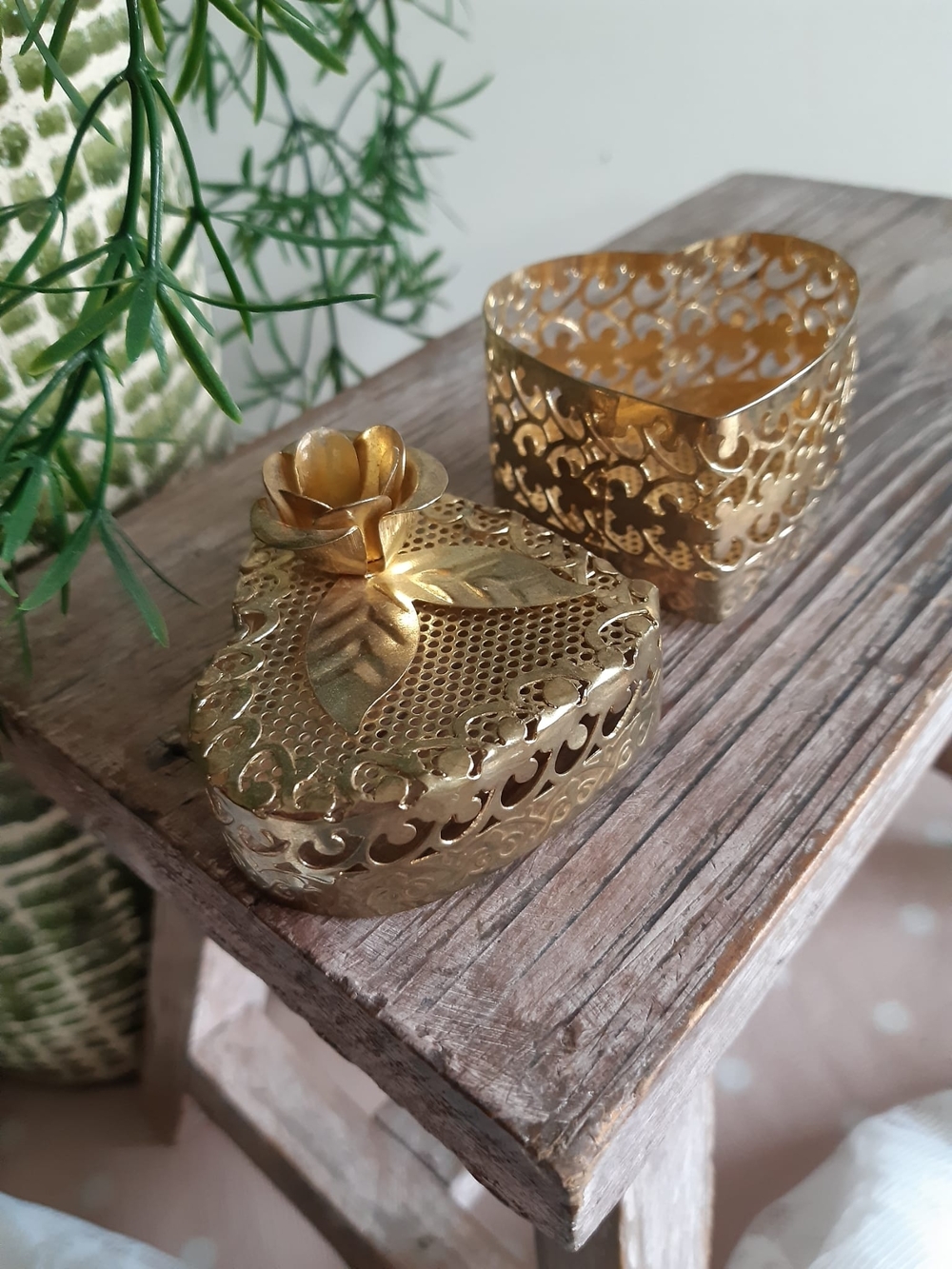 *SALE 3 for $20* Gold Heart-Shaped Decorative Trinket Box with Floral Lid